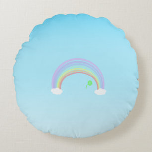 Pastel Rainbow and green flower on blue sky Round Pillow