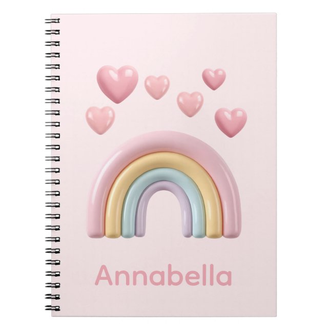 Pastel Rainbow and Hearts with Pink Custom Name Notebook (Front)