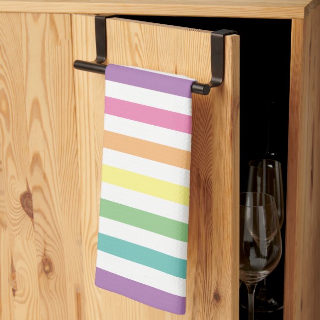 Pastel Rainbow and White Stripes Pattern Striped Kitchen Towel (Thirds Fold)