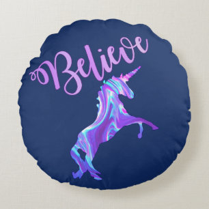Pastel Rainbow Believe Unicorn Round Pillow