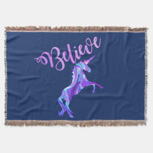 Pastel Rainbow Believe Unicorn Throw Blanket