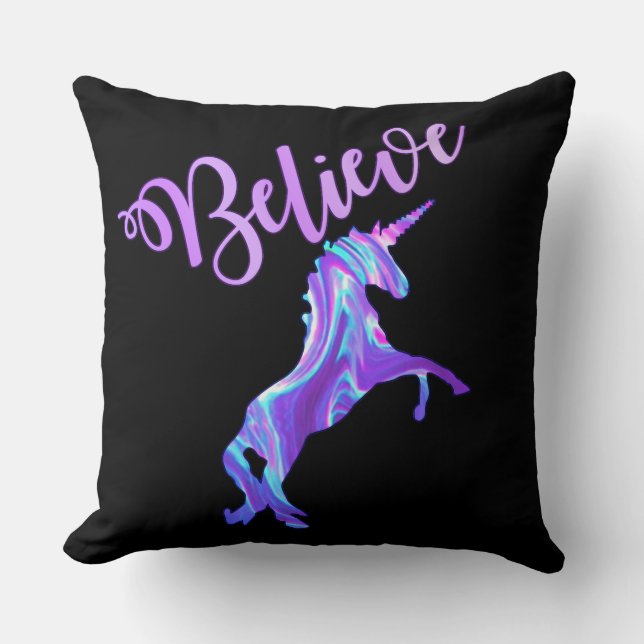 Pastel Rainbow Believe Unicorn Throw Pillow (Front)