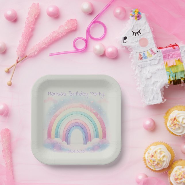 Pastel Rainbow Birthday Party Paper Plates (Party)