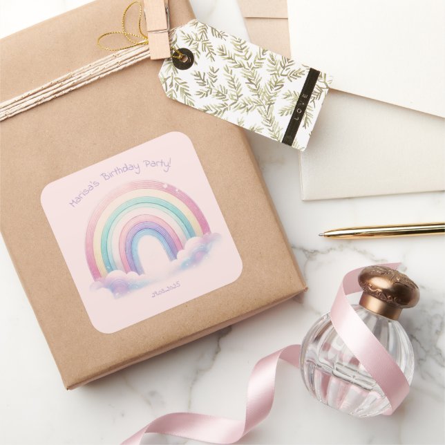 Pastel Rainbow Birthday Party Square Stickers (Cadeaux)
