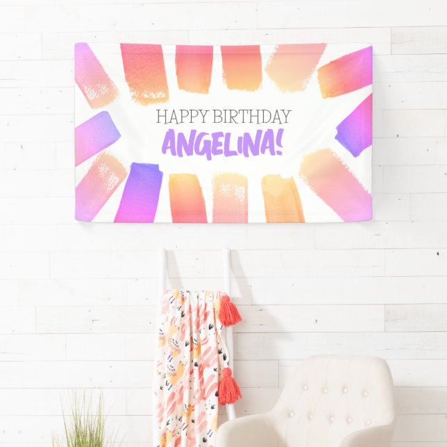 Pastel Rainbow Brush Pattern Paint Birthday Party Banner (Insitu)