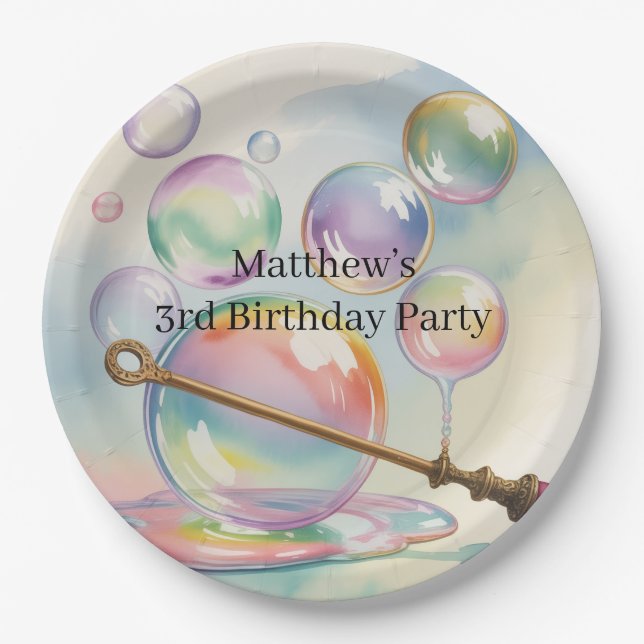 Pastel Rainbow Bubbles Birthday Party Paper Plate (Front)