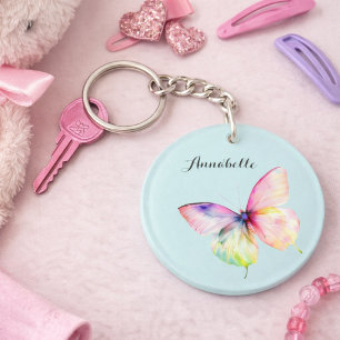 Pastel Rainbow Butterfly Name Design Soft Colours Keychain