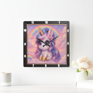 Pastel Rainbow Cartoon Unicorn  Square Wall Clock