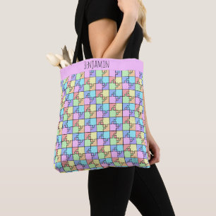 Pastel Rainbow Color Puzzle Geometric Name Tote Bag