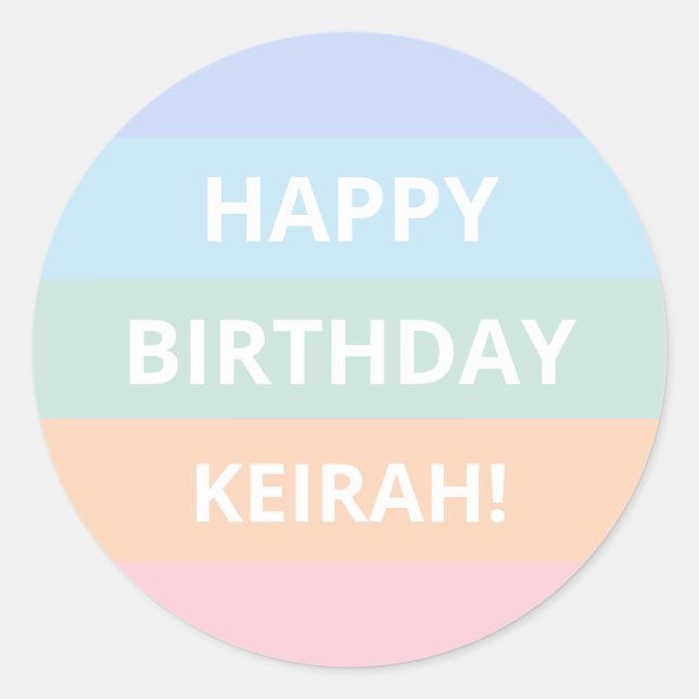 Pastel Rainbow Colour Block Stripes Birthday Name  Classic Round Sticker (Front)