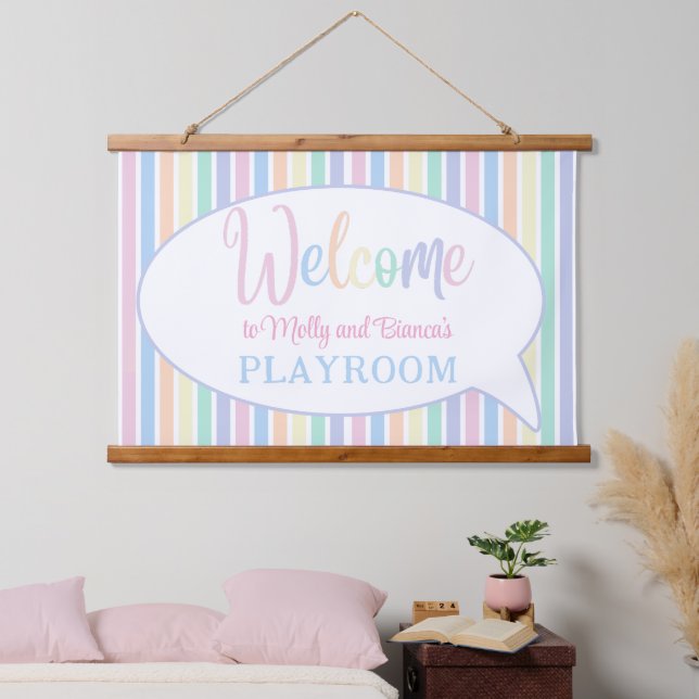 Pastel rainbow colour striped welcome kids playroo hanging tapestry (Bedroom)