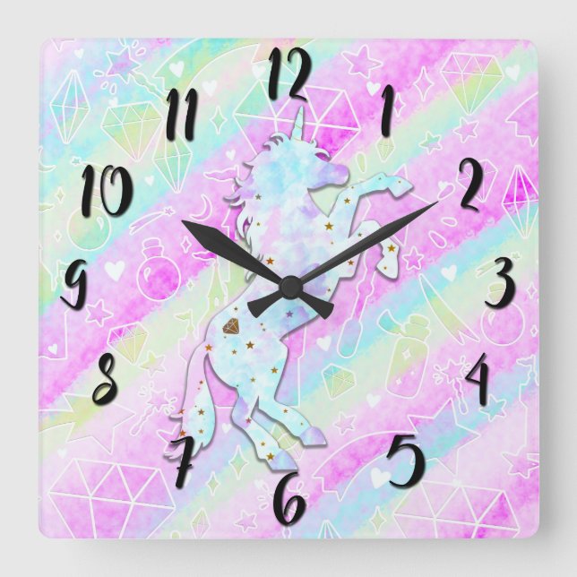 Pastel Rainbow Diamonds & Stars Magical Unicorn Square Wall Clock (Front)