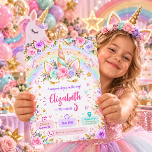 Pastel Rainbow Floral Magical Unicorn Birthday Invitation