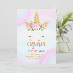 Pastel Rainbow Floral Unicorn Birthday Invitation
