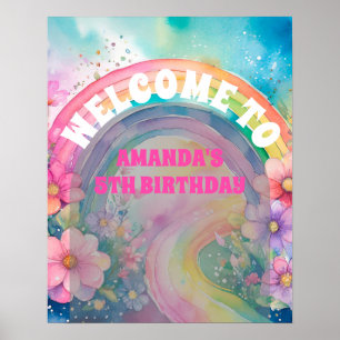 Pastel Rainbow Flowers Let's Party Retro Birthday Poster