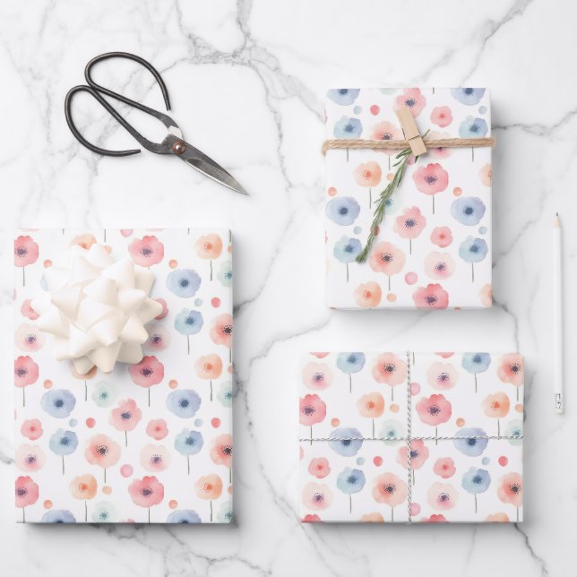 Pastel Rainbow Flowers on White Wrapping Paper Sheet (Front)