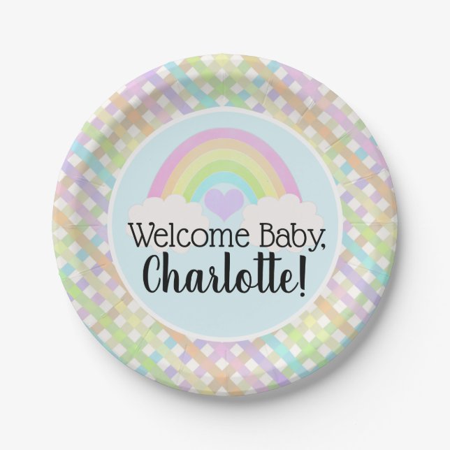 Pastel Rainbow Gingham Welcome Baby Shower Paper Plate (Front)