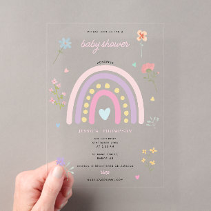 Pastel Rainbow Girl Wildflowers Hearts Baby Shower Acrylic Invitations
