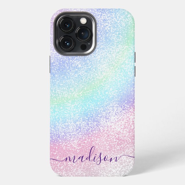 Pastel rainbow glitter calligraphy CAN edit name iPhone Case (Back)
