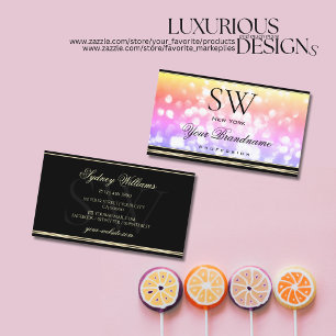 Pastel Rainbow Glitter Monogram Black Gold Border  Business Card