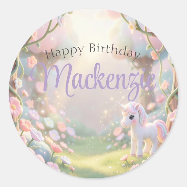 Pastel Rainbow & Glitter Unicorn Birthday Party Classic Round Sticker (Front)