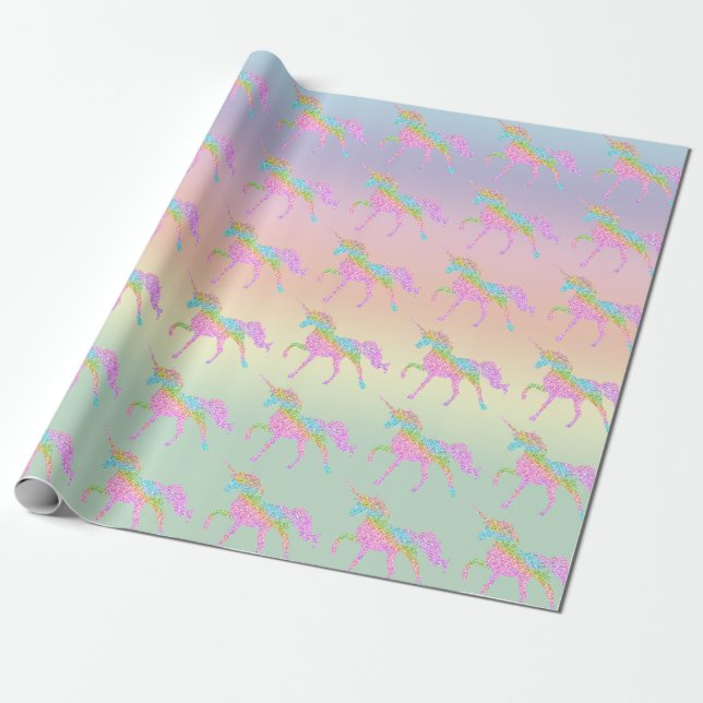 Pastel Rainbow Glitter Unicorn Wrapping Paper (Unrolled)