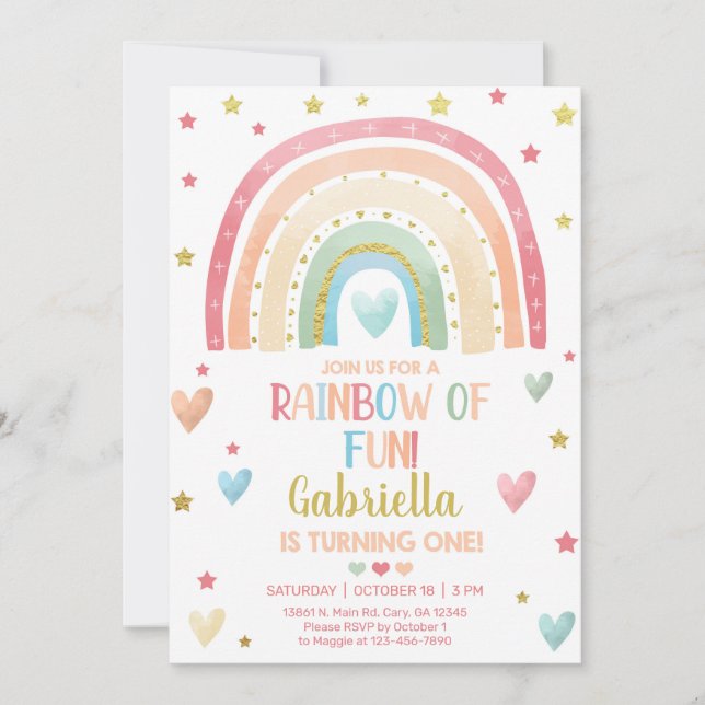 Pastel rainbow gold girl 1st birthday invite. invitation (Front)