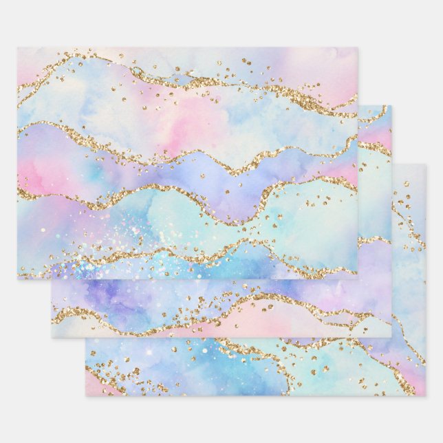 Pastel Rainbow & Gold Glitter Agate Wrapping Paper Sheet (Set)