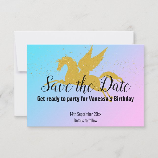 PASTEL RAINBOW GOLD UNICORN SAVE THE DATE RSVP CARD (Front)