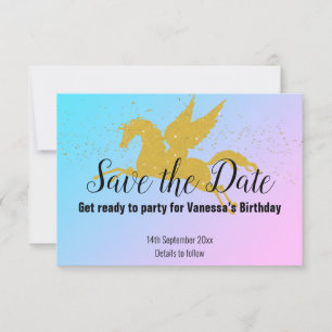 PASTEL RAINBOW GOLD UNICORN SAVE THE DATE RSVP CARD