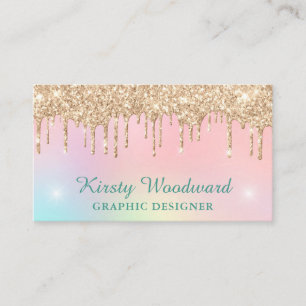 Pastel Rainbow Gradient & Gold Dripping Glitter Business Card