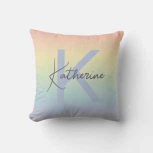Pastel Rainbow Gradient Monogram Throw Pillow