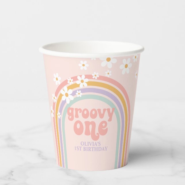 Pastel rainbow groovy one 1st birthday paper cups (Front)