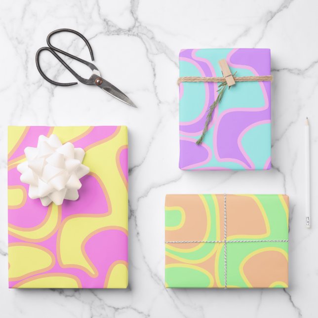 Pastel Rainbow Groovy Retro Fluid Art Unique Wrapping Paper Sheet (Front)