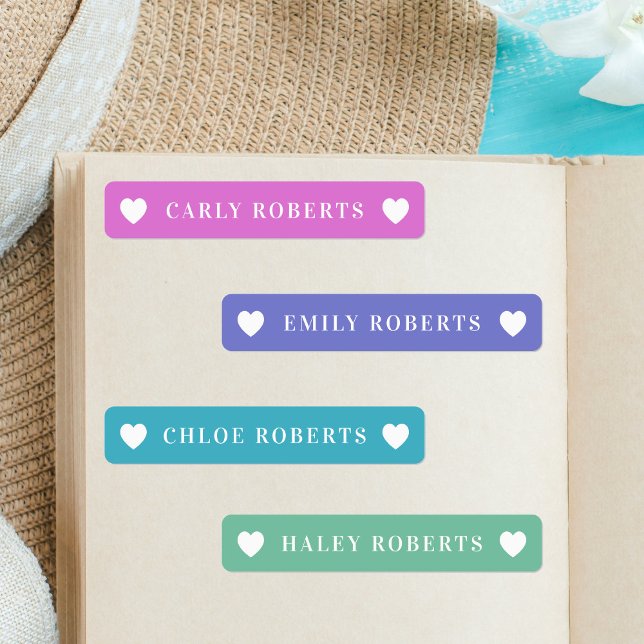 Pastel Rainbow Heart Enfants Nom Étiquettes imperm (Créateur téléchargé)