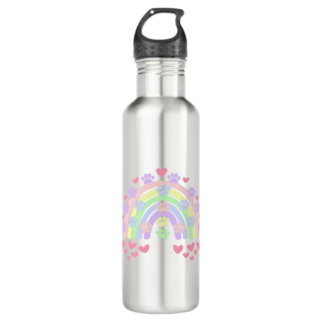 Pastel Rainbow Hearts and Dog Paw Prints 710 Ml Water Bottle (Front)