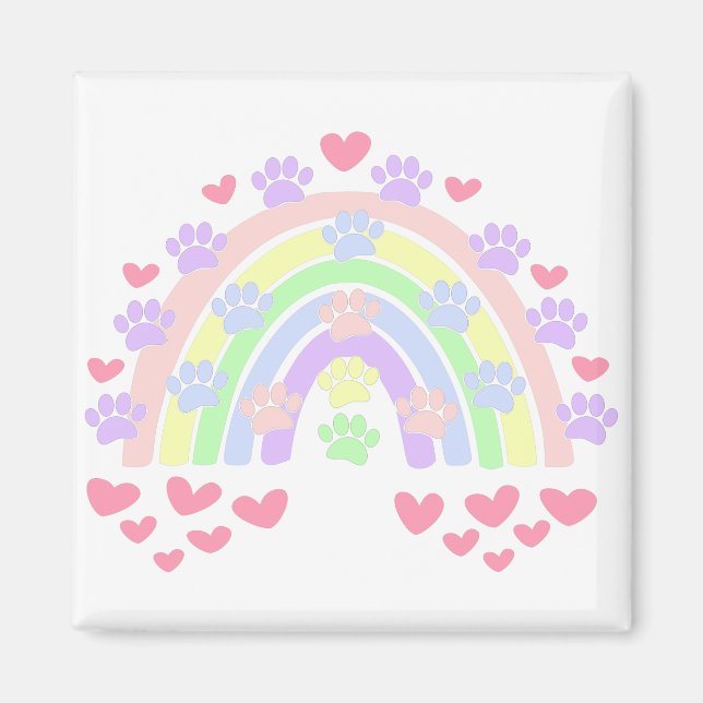 Pastel Rainbow Hearts and Dog Paw Prints Magnet (Front)
