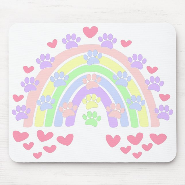 Pastel Rainbow Hearts and Dog Paw Prints Mouse Pad (Front)