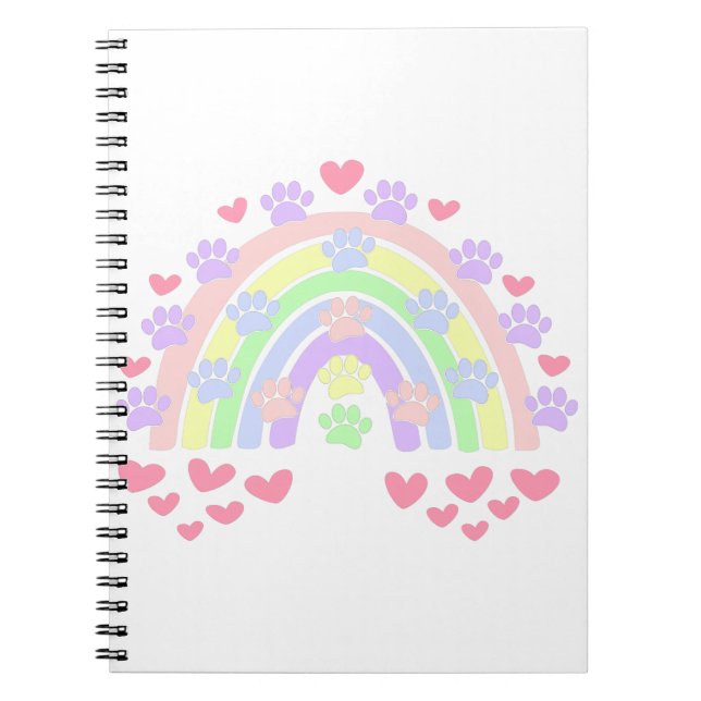 Pastel Rainbow Hearts and Dog Paw Prints Notebook (Front)