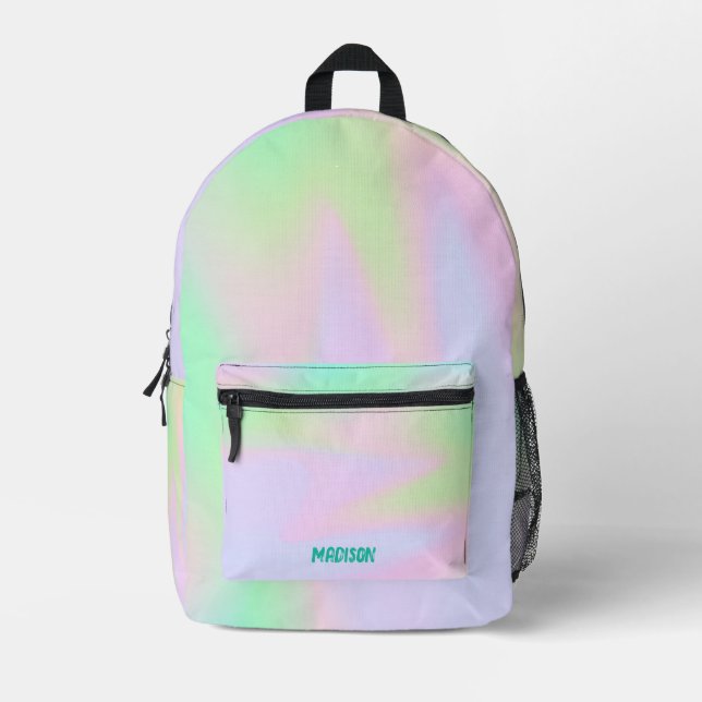 Pastel Rainbow Hologram Watercolor Custom Name Printed Backpack (Front)