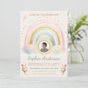 Pastel Rainbow & Ice cream, custom Photo Birthday  Invitation