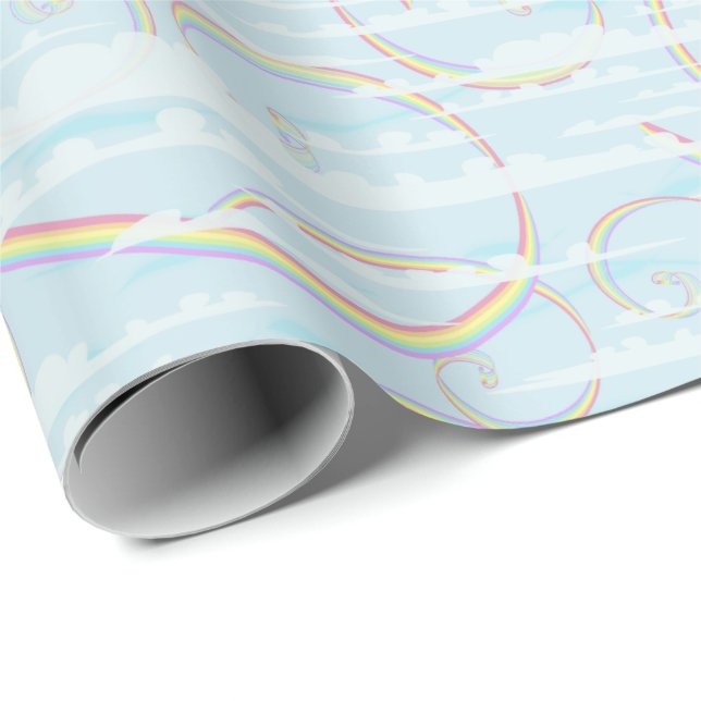 Pastel Rainbow in Blue Sky with White Clouds Wrapping Paper (Roll Corner)
