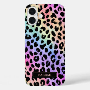 Pastel Rainbow Leopard Print Monogrammed iPhone 16 Plus Case