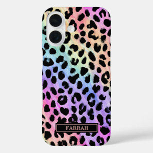 Pastel Rainbow Leopard Print Monogrammed iPhone 16 Case