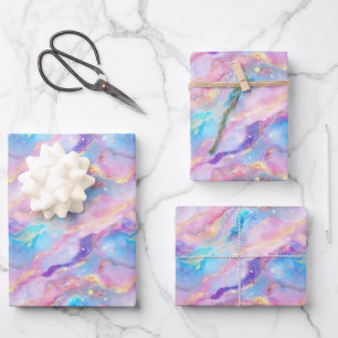Pastel Rainbow Marble with Gold Glitter Wrapping Paper Sheet