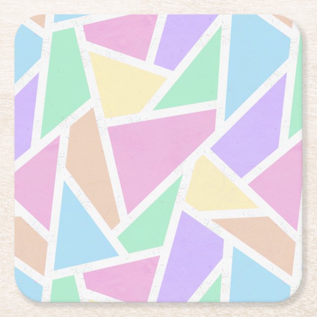 Pastel rainbow mosaic pattern square paper coaster (Front)