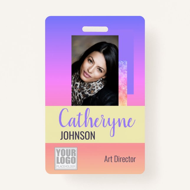Pastel Rainbow Ombre Logo Barcode ID Template Card Badge (Front)