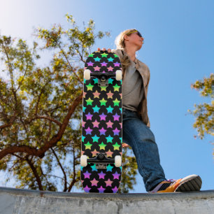 Pastel Rainbow Ombre Stars on Black Background Skateboard