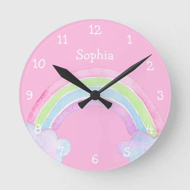 Pastel Rainbow Personalized Girl Name Magical Round Clock (Front)