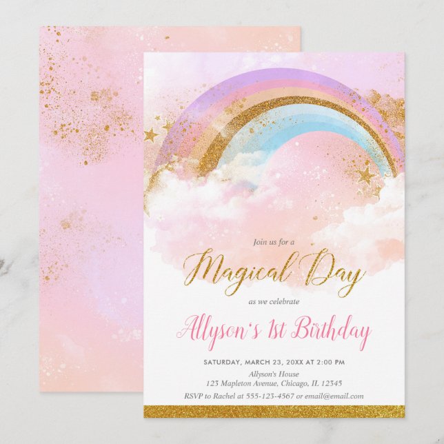 Pastel rainbow pink and gold birthday party invitation (Front/Back)